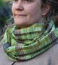 Unisex cowl woven in greens and purple hand dyed yarn with mushroom embroidery - Image 10