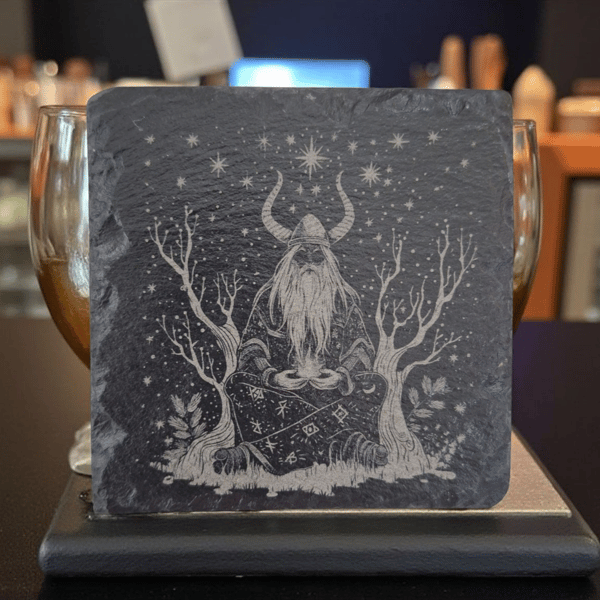 Viking Seer Slate Coaster - Norse Mythology Engraved 10x10cm Stone Drink Coaster