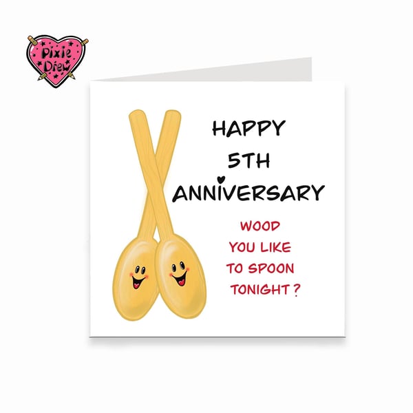 Wooden Spoon Anniversary Card, 5th wedding anniversary card
