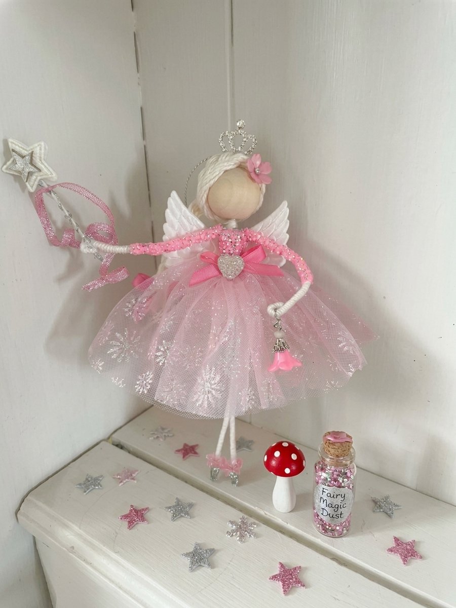 Pretty pink ballerina flower fairy ornament , keepsake fairy doll , nursery 
