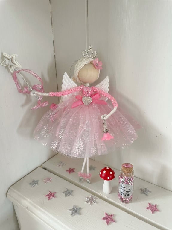 Pretty pink ballerina flower fairy ornament , keepsake fairy doll , nursery 