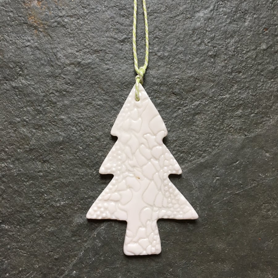 White porcelain Christmas Tree decoration, hanging, The Jewellery Boat