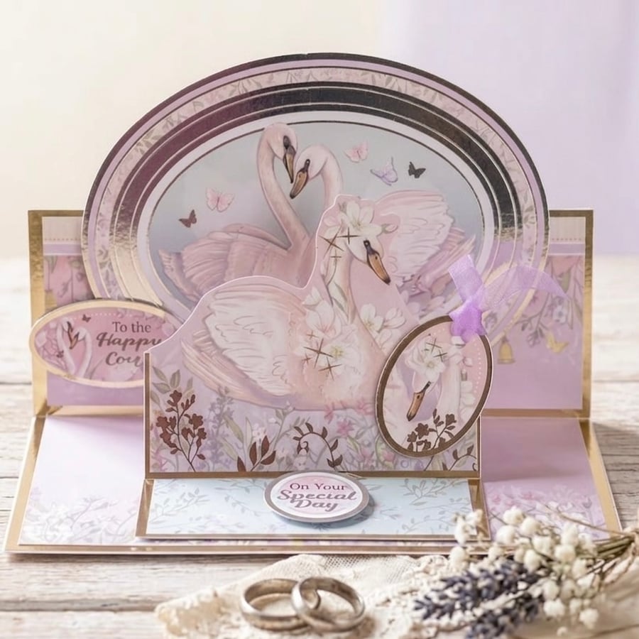 3D Double Easel Pop-Up Wedding Card – Romantic Swan Keepsake