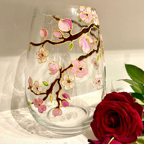 Hand Painted Glass Vase Cherry Blossom Gifts New Home Decor Decorative Vase