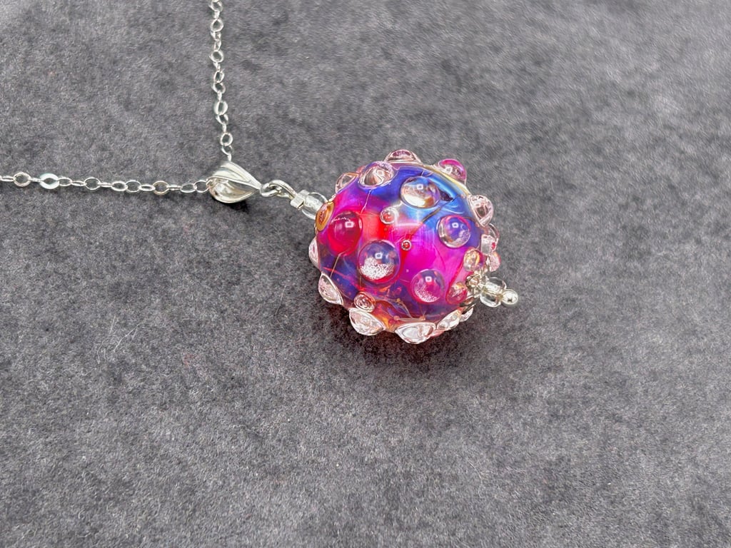bright pink and blue bumpy lampwork glass beaded pendant necklace