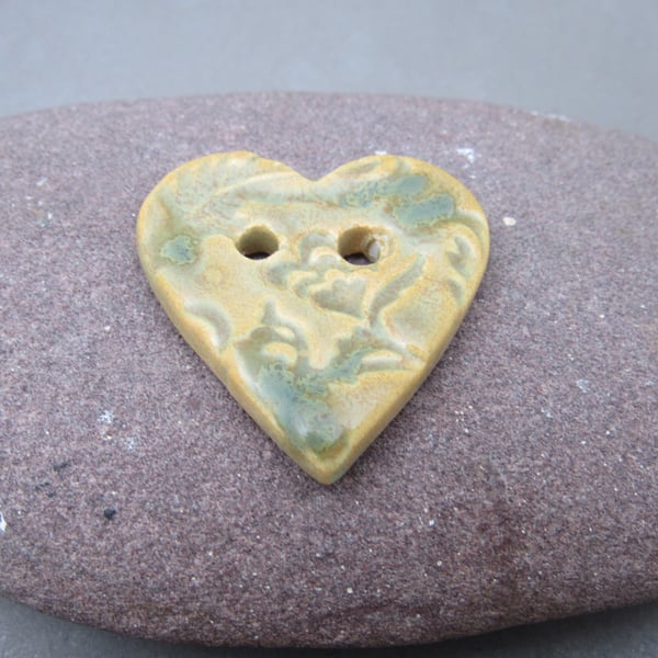 Medium Old Gold Brocade Texture Heart Shaped Ceramic Button