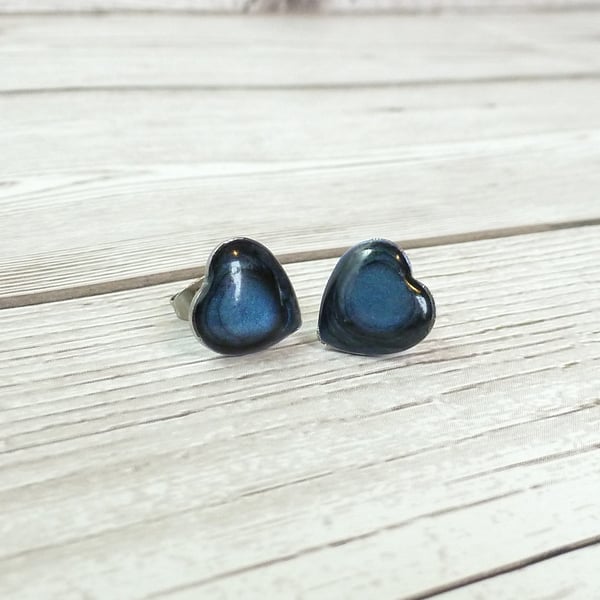 Dainty Blue Heart Studs, bright enamel and steel heart-shaped stud earrings