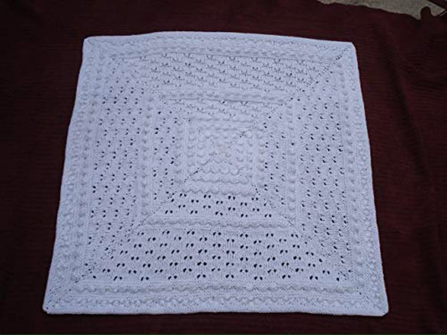 Hand Knitted Baby Shawl Or Blanket In Pure White Soft Yarn (A711)