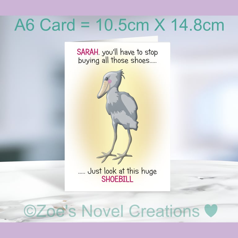 Shoebill Birthday Greetings Card, personalised A6 10.5cm x 14.8cm