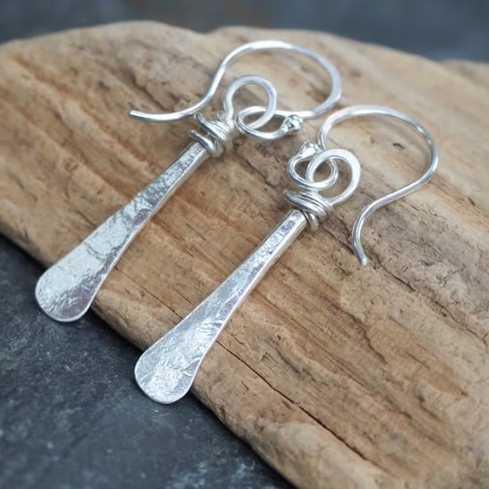 Forged Silver Dangle Drop Earrings; Hammered Silver Rod Earrings