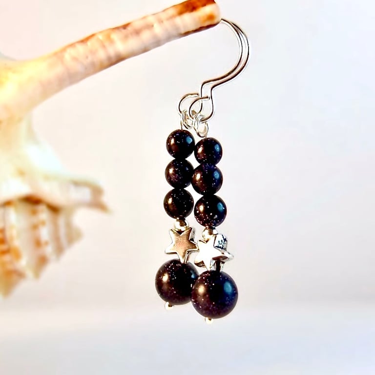 Blue Goldstone Earrings With Silver Stars - Handmade In Devon