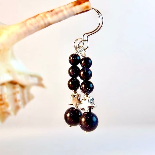 Blue Goldstone Earrings With Silver Stars - Handmade In Devon