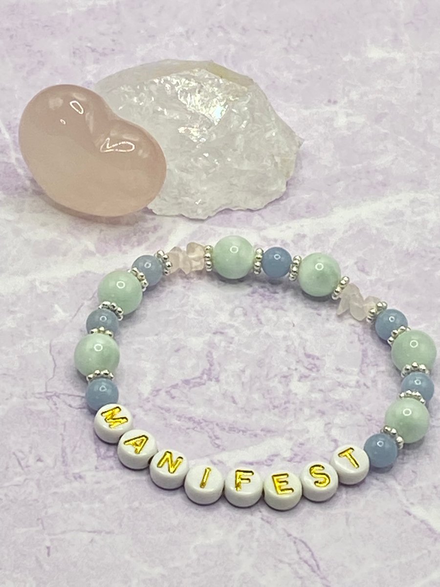 'Manifest' stretchy bracelet with rose quartz and angelite
