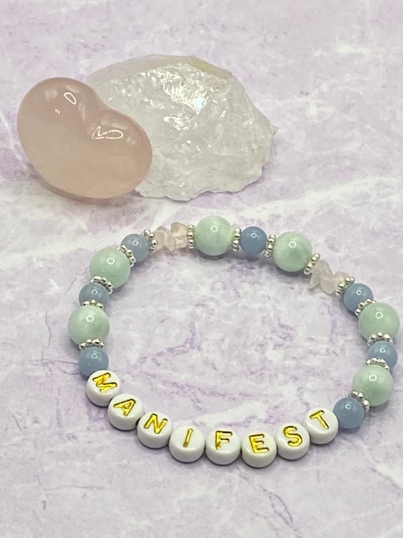 'Manifest' stretchy bracelet with rose quartz and angelite