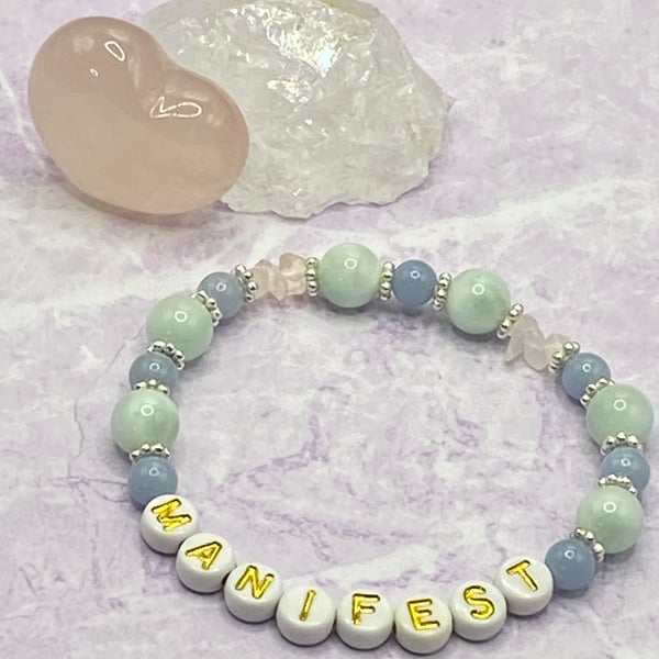 'Manifest' stretchy bracelet with rose quartz and angelite