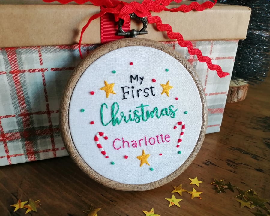 First Christmas Hand Embroidered Hoop, Baby's 1st Christmas Decoration
