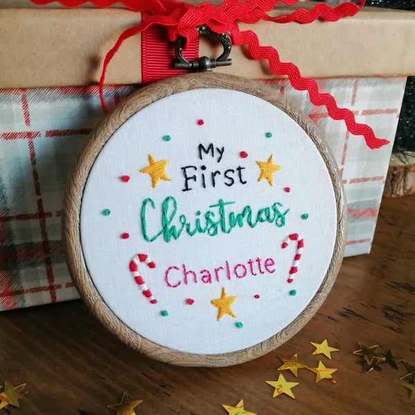 First Christmas Hand Embroidered Hoop, Baby's 1st Christmas Decoration