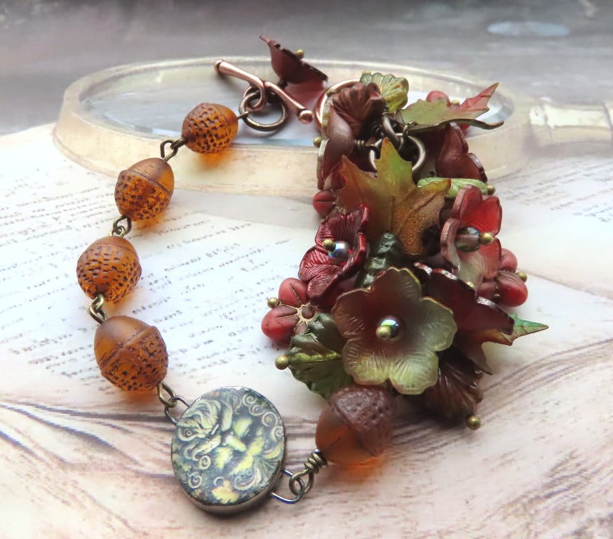 Artisan "Green Man" Autumnal Hand Painted Lucite Flower and Leaf Bracelet