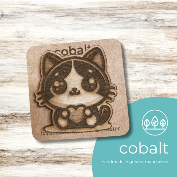 Wooden Handmade Pin Badge - Cute Cat with Love Heart