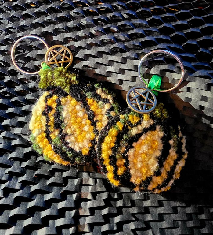 Autumn handmade pumpkin punch needle keyring bag accessory 