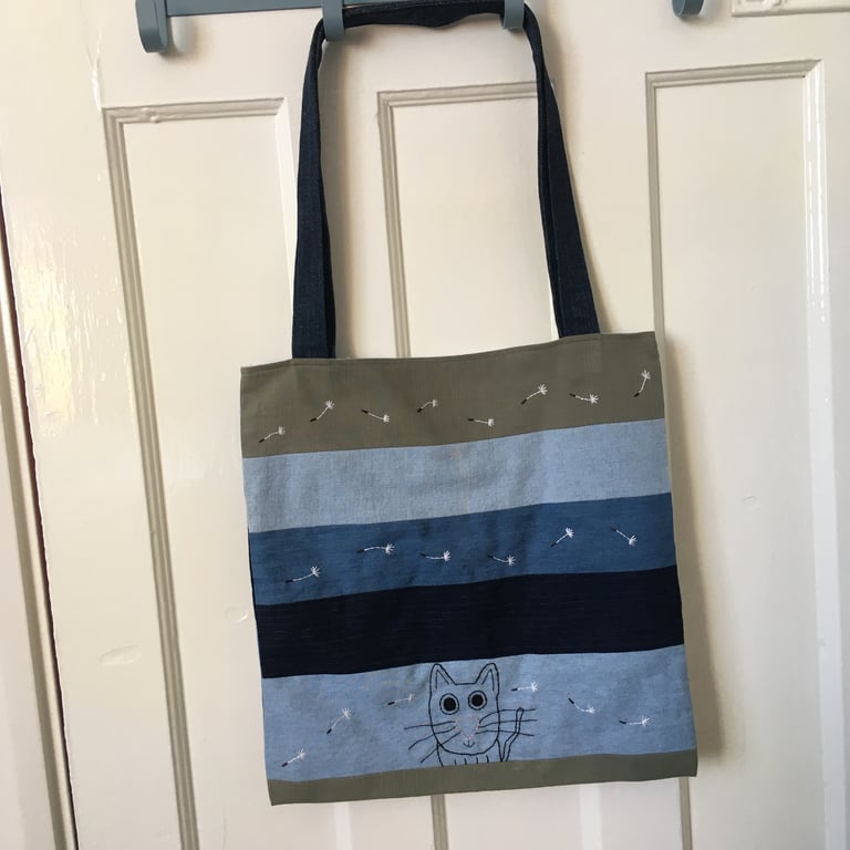 Up-cycled Hand Embroidered Cat And Dandelion Seeds Tote Bag