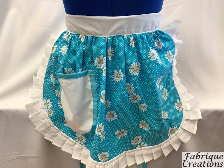 Vintage 50s Style Half Apron Pinny - Turquoise (Daisies) with White Trim