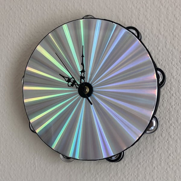 Tambourine Wall Clock Holographic Handmade Up Cycled Quirky Gift