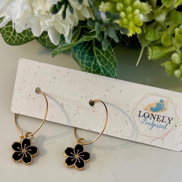 Black Blossom Hoop Earrings, Floral Charms, Handmade Jewellery 