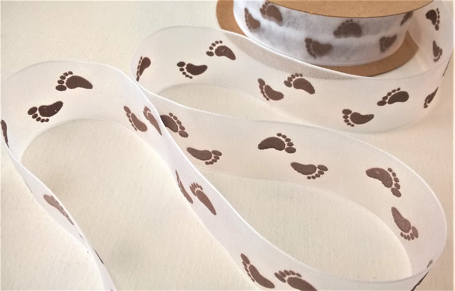 3 metres White and brown footprint new baby organza ribbon 22mm wide