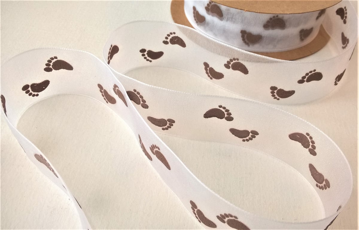 White and brown footprint new baby organza ribbon, 3 metres, 22mm wide