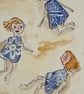 Three China Girls playing in the Sand - framed original water colour. - Image 3