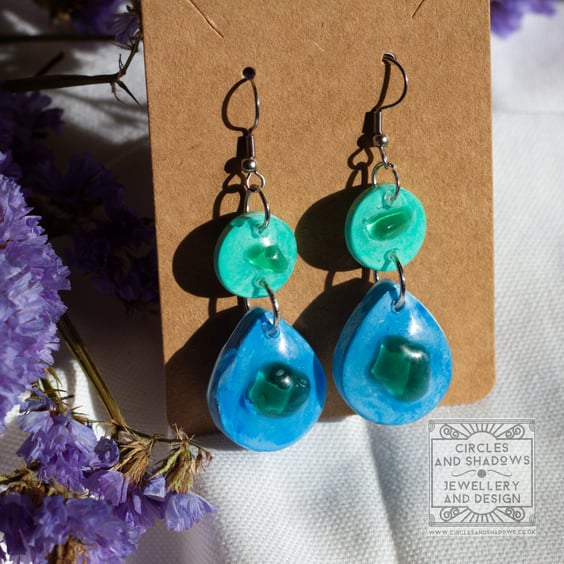 Sea Glass Drop Statement Earrings Blue and Green Resin 