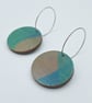 Round, wooden, hand printed hoop earrings in brown pink and blue-green - Image 4