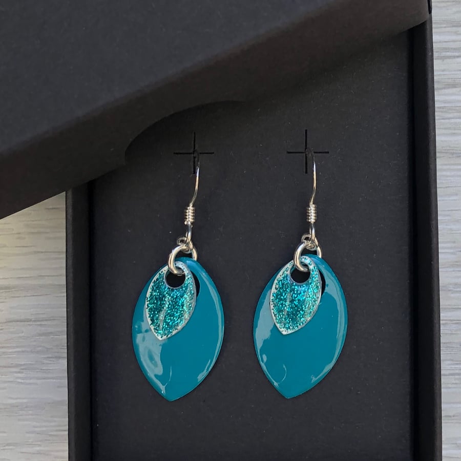 Turquoise glitter enamel scale earrings. Sterling silver. 