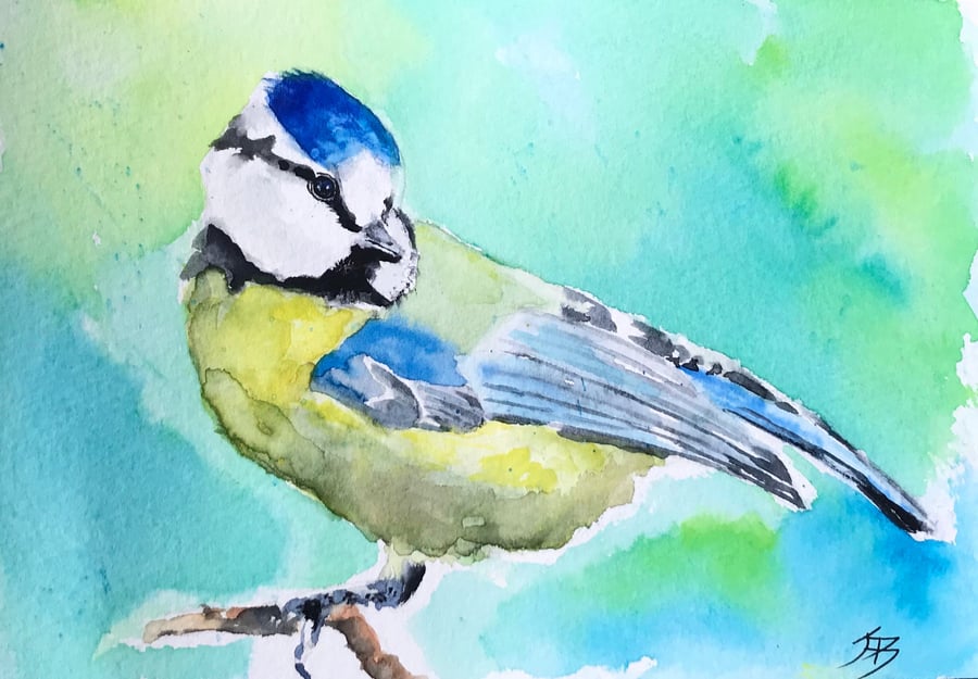 Cute giclee print of blue tit painting by British artist