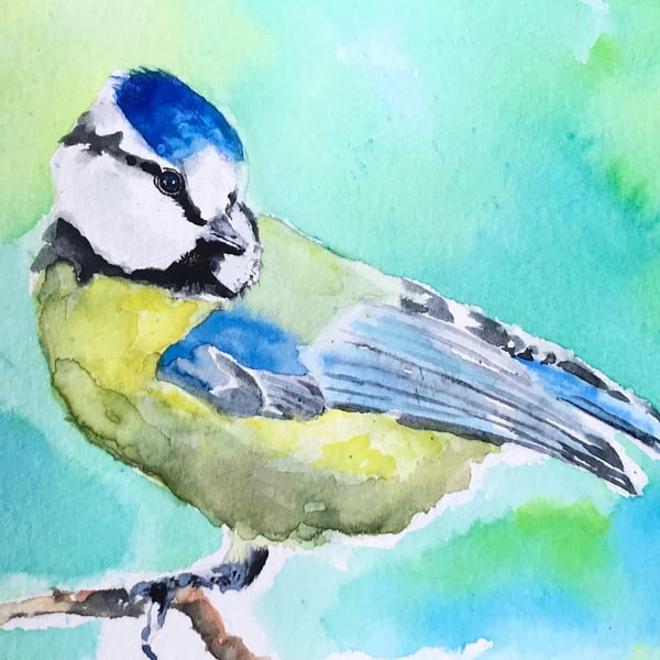 Cute giclee print of blue tit painting by British artist