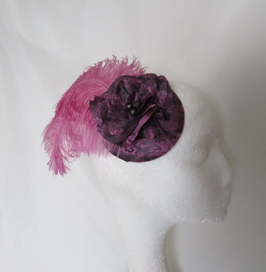Lavender Pink & Dark Grey Paisley Satin Feather Regency Fascinator Hat
