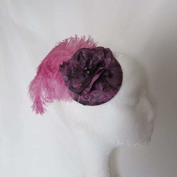 Lavender Pink & Dark Grey Paisley Satin Feather Regency Fascinator Hat