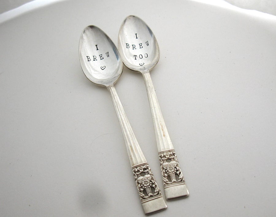 I Brew, I Brew Too, Hand Stamped Vintage Spoons, Matching Pair of Coffeespoons