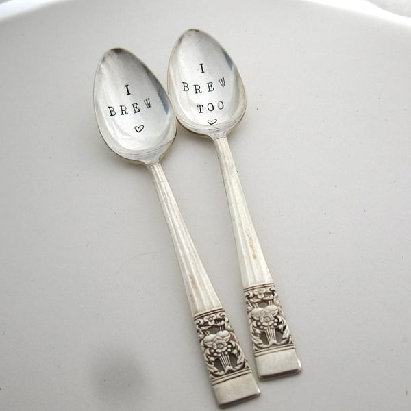 I Brew, I Brew Too, Hand Stamped Vintage Spoons, Matching Pair of Coffeespoons