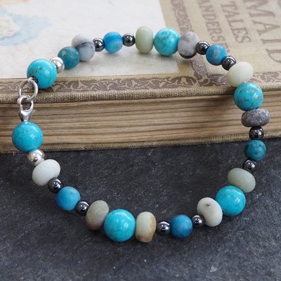 Gemstone beaded sterling silver bracelet, semi-precious stone beads