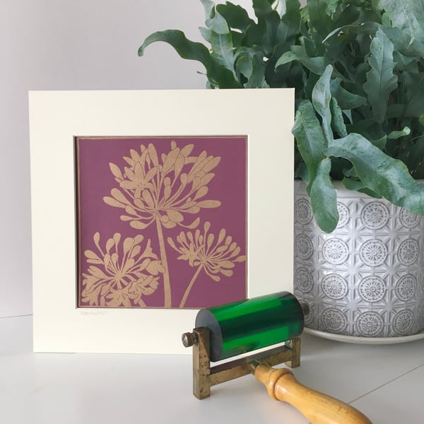 Lino Print - Agapanthus Gold on Plum