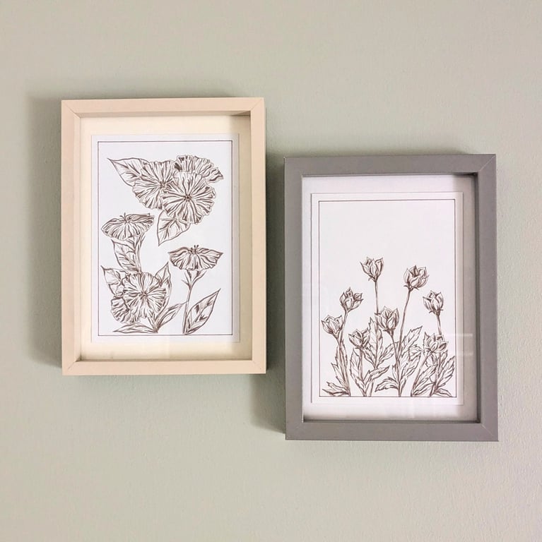 Original Unframed Sepia Ink Flower Painting A6