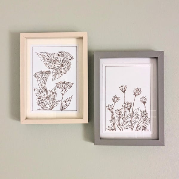 Original Unframed Sepia Ink Flower Painting A6
