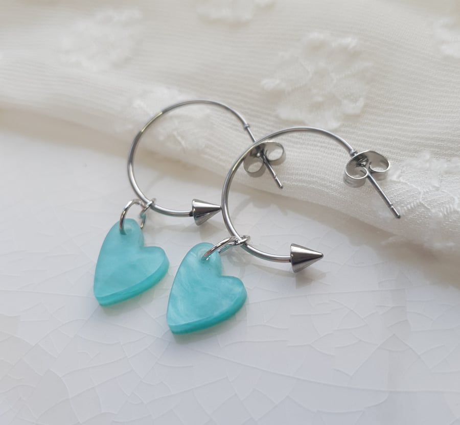 Turquoise Resin Heart Hoop Earrings - Cupids Arrow