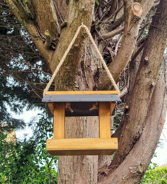 Handmade Wooden Hanging Bird Table with Slate Roof 30x24x25cm Fully Assembled