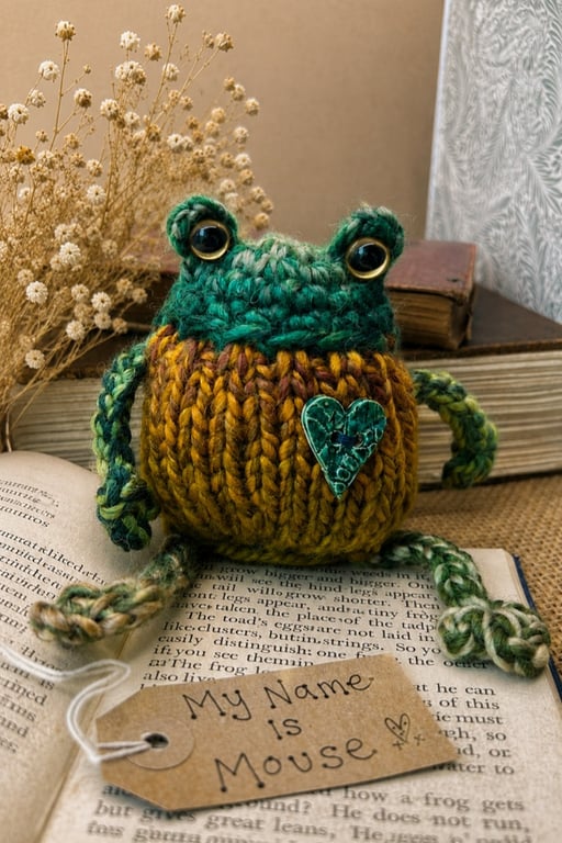 Handmade Knitted Frog Mouse – One of a Kind Frog Ornament Whimsical Gift