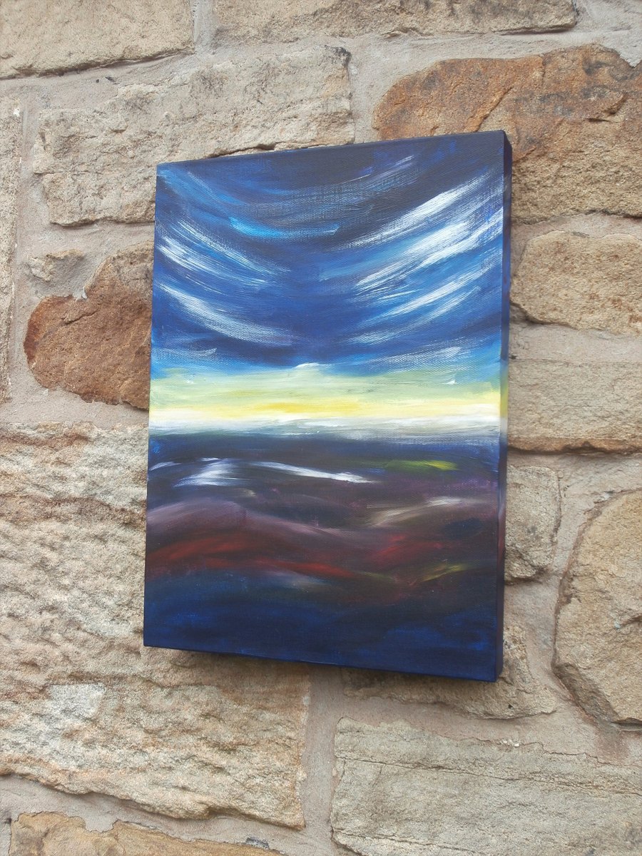 Original acrylic painting 'Blue Horizon' Sky, sea. hills