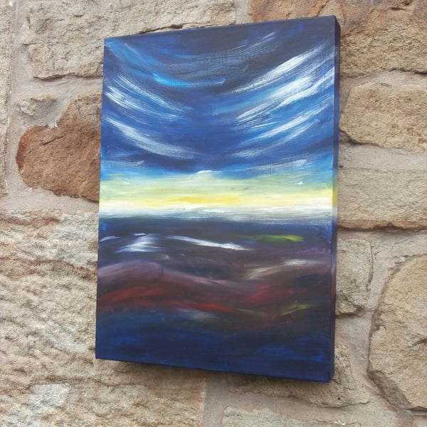 Original acrylic painting 'Blue Horizon' Sky, sea. hills