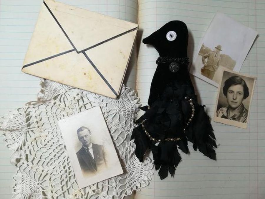 Textile art crow, raven brooch, nevermore, textile brooch, bird art